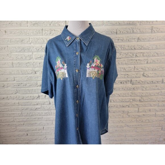 CST Blues Women Shirt 24 Plus Short Sleeve Blue Denim Garden Birdhouse BLU283E - Picture 3 of 6